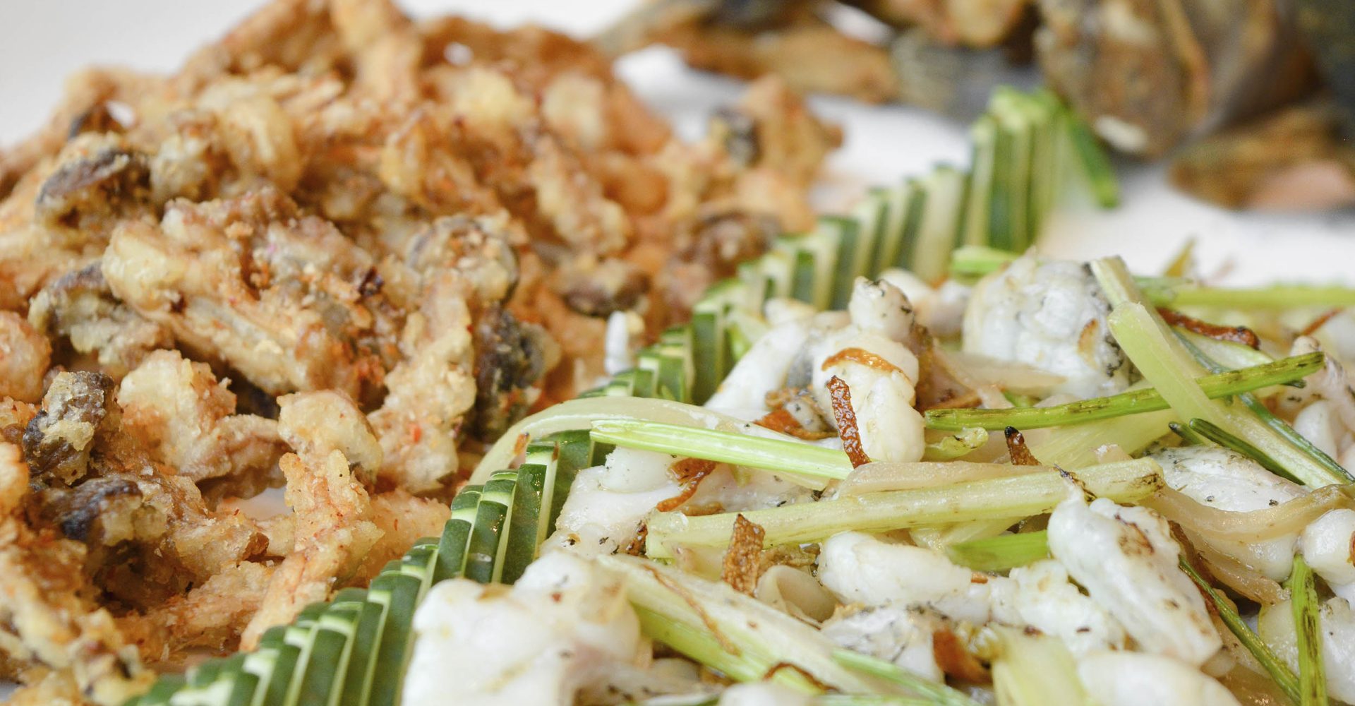 Wok-fried lapu-lapu fillet with coriander and salt and pepper mushroom